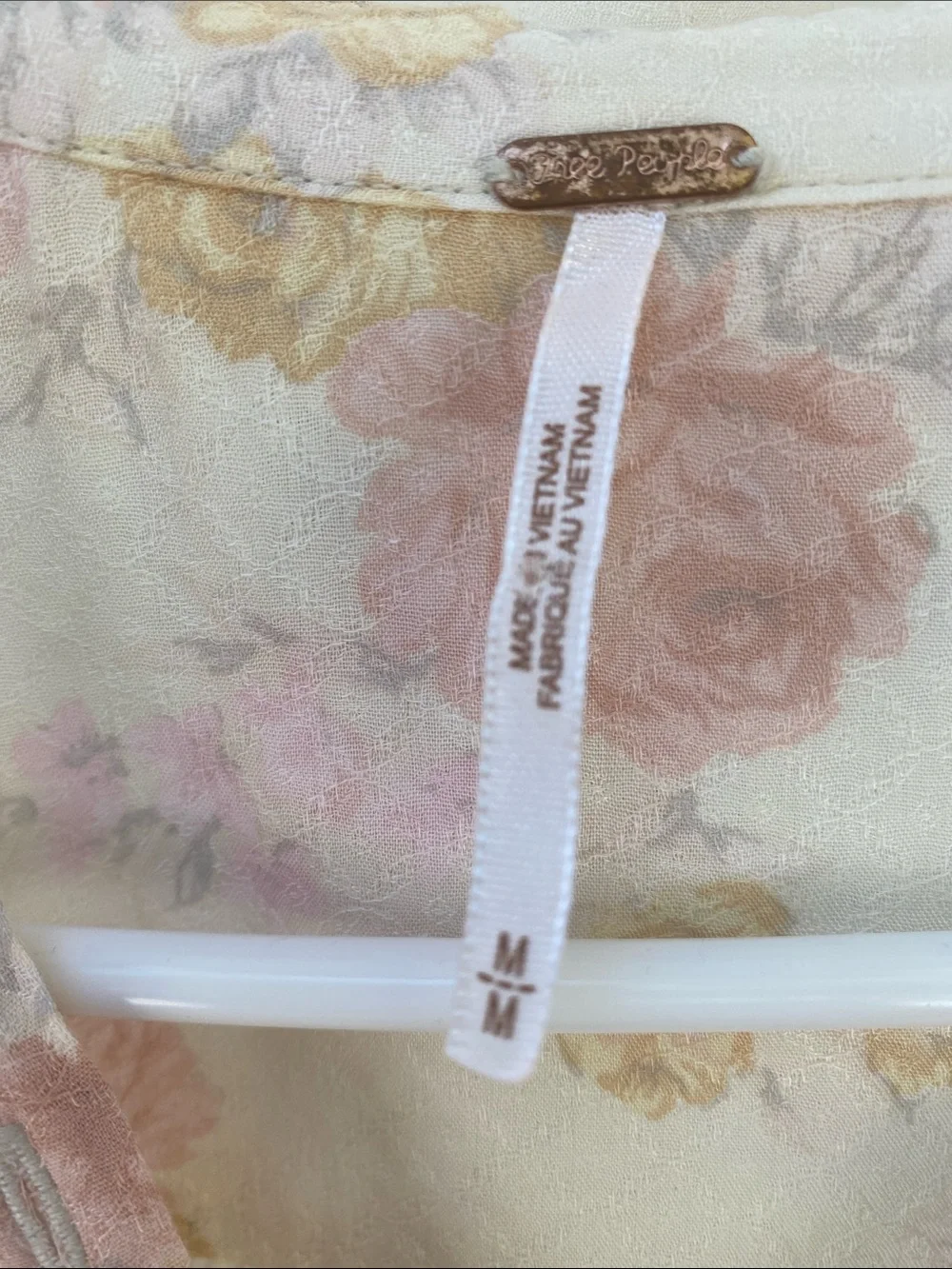 Free People Cream Button-Down Shirt with Pink & Yellow Floral Tye Front